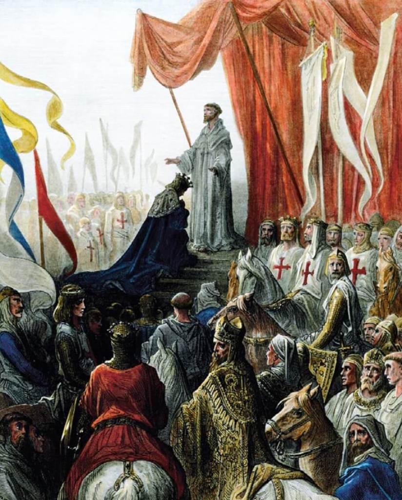 El rey francés Luis VII recibió la bendición del abad del Císter Bernardo de Claraval, al que acompañaban caballeros de la cruz (arriba).