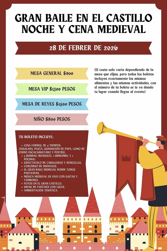 El baile medieval en la CDMX ofrece una experiencia inmersiva con cena de cuatro tiempos, música medieval en vivo y un gran baile dentro de un castillo.