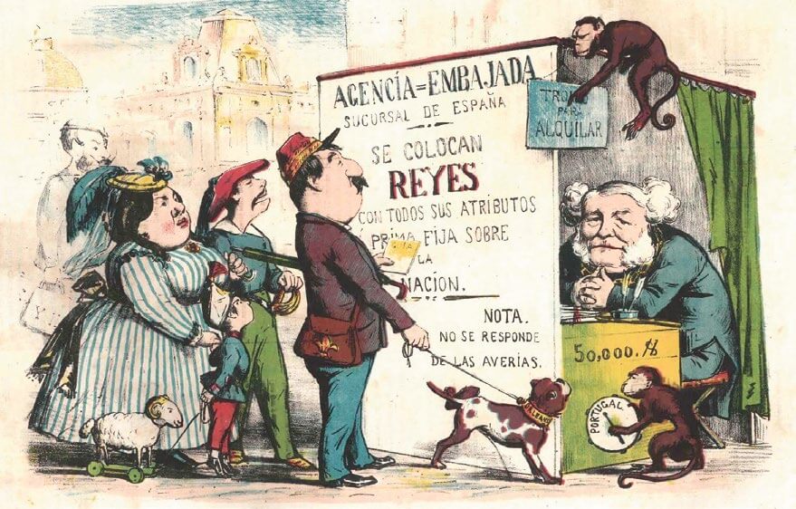 Caricatura de un carlista e Isabel II leyendo un anuncio sobre la vacante de rey en España