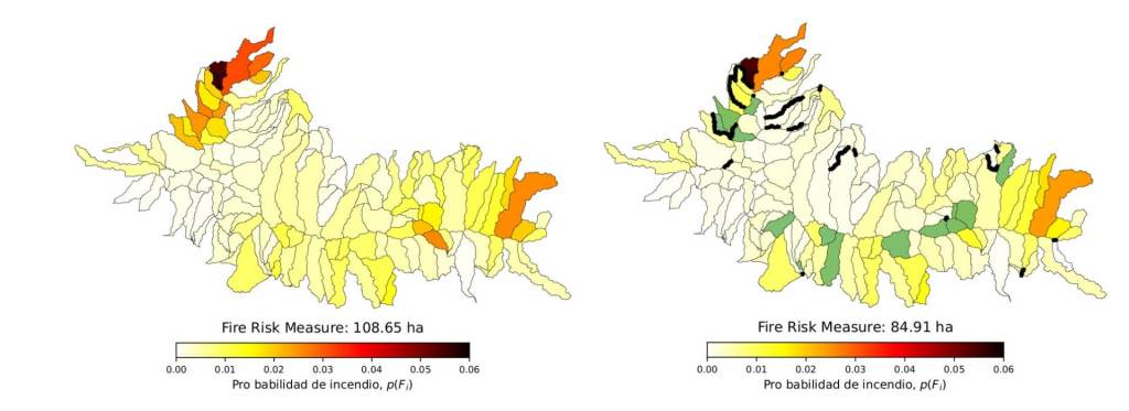 Medida de riesgo antes y después de la optimización, calculada mediante redes bayesianas. En verde parcelas tratadas y en negrita cortafuegos. Fuente: Elaboración propia. B. Granda Chico, J. León, M. T. Ortuño, A. Rodríguez Martínez, G. Tirado, B. Vitoriano (en prensa). Ayuda a la decisión en la gestión de incendios forestales. En: A. Mármol, A. Bilbao y A. Jiménez (eds) Decisión multicriterio: continúa la aventura. Nuevos retos, nuevas soluciones. Editorial de la Universidad de Sevilla.