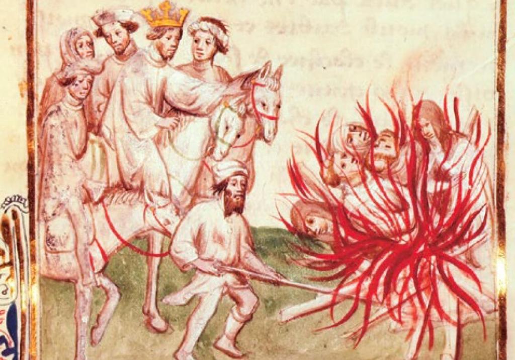 El rey francés Felipe IV observa cómo se da muerte en la hoguera al líder del Temple, Jacques de Molay, y a sus compañeros.