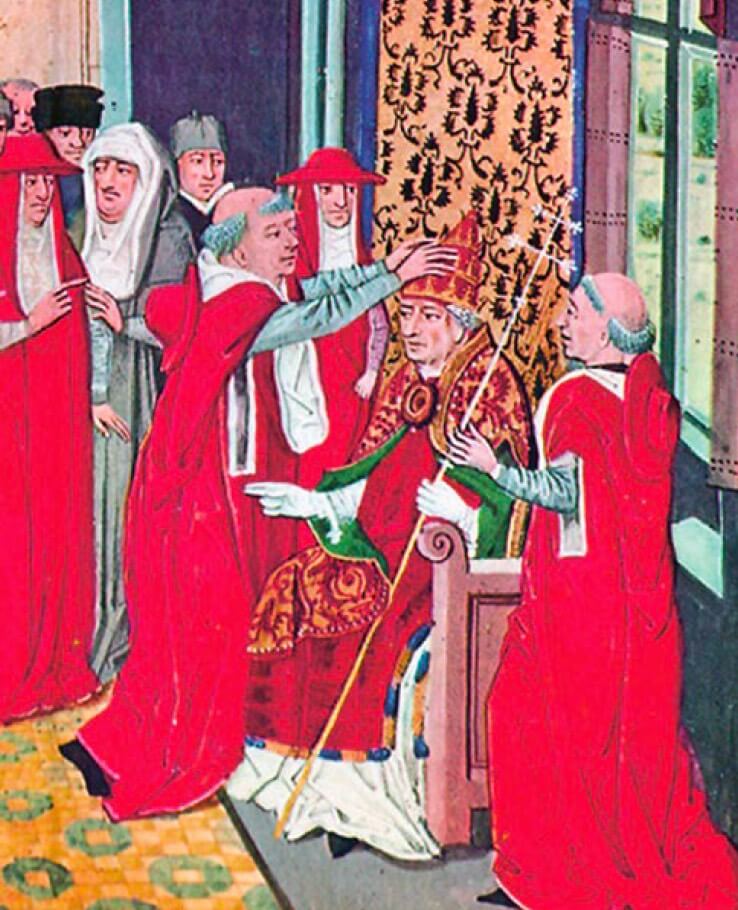 Gregorio XI coronado por Guy de Boulogne, arzobispo de Lyon; Miniatura de las Crónicas de Froissart (siglo xv).