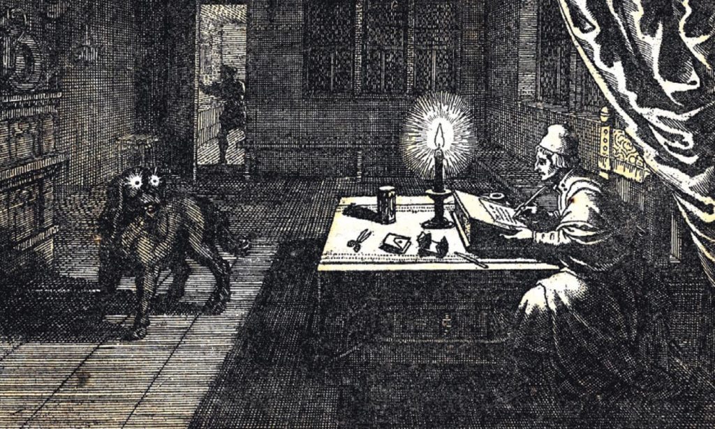 De origen antiguo, la nigromancia como disciplina de la adivinación se dedica al vaticinio del futuro mediante la invocación de espíritus. En el grabado se representa a un nigromante.