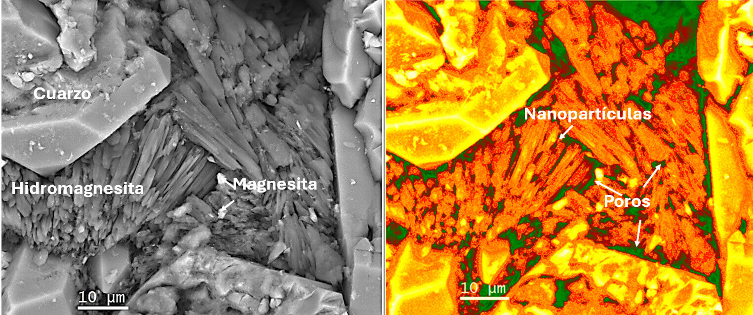 Figura 2. Crecimiento de fibras nanoestructuradas de hidromagnesita y nanopartículas de óxido de magnesio (magnesita) en los poros de una arenisca mediante cristalización inducida por electroquímica. Imágenes de Microscopio electrónico de barrido ambiental (izquierda) e imagen procesada por análisis digital de imagen mostrando la porosidad (derecha). Crédito Luz S. Gómez Villalba, proyecto Top Heritage, Technologies in Heritage Sciences (S2018/NMT_4372, Comunidad de Madrid). Nanotecnología.