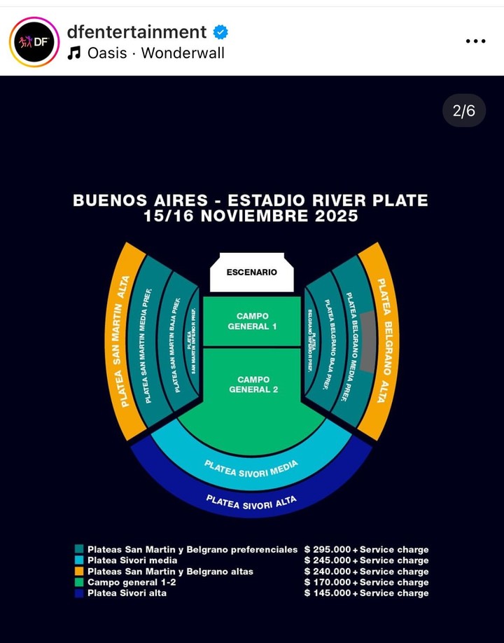 La productora subió a Instagram los precios para ver a Oasis.