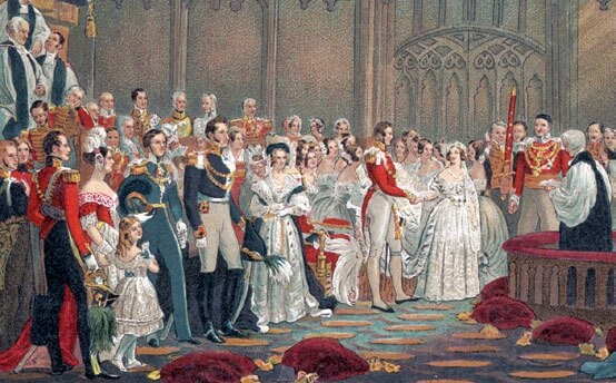 Grabado coloreado de la boda de la reina Victoria y el príncipe Alberto