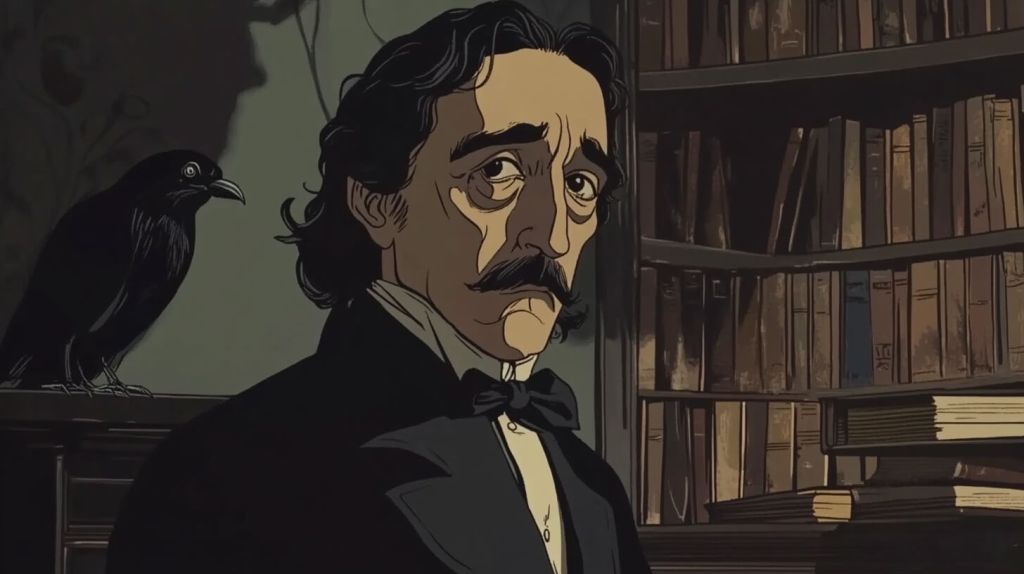 Ilustración de Allan Poe junto a un cuervo