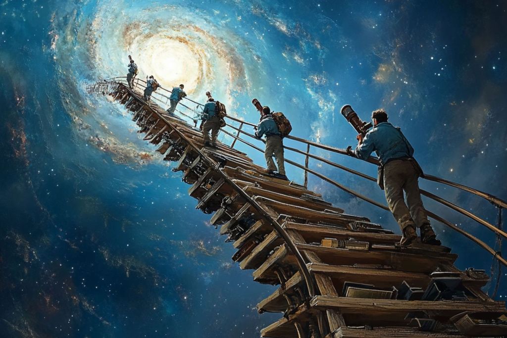 Una escalera que conduce a una galaxia, con científicos en diferentes peldaños, cada uno mejorando un telescopio o un libro, simbolizando el progreso constante hacia una mayor comprensión del universo.