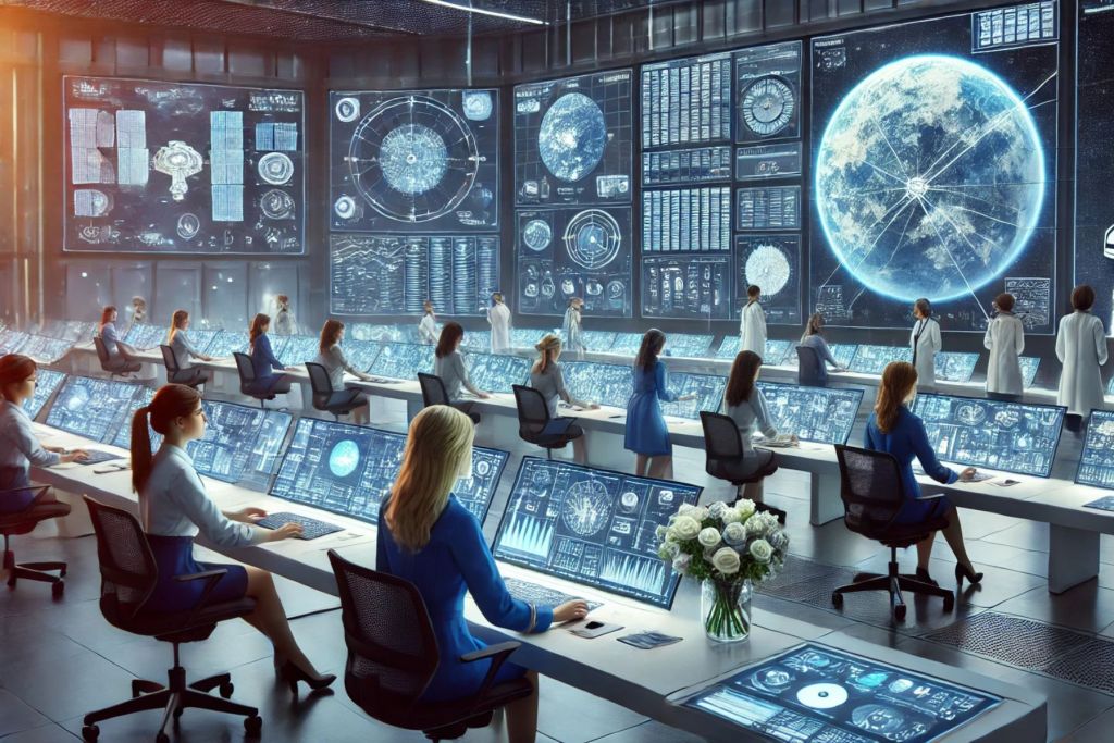 Mujeres trabajando en una sala de control espacial