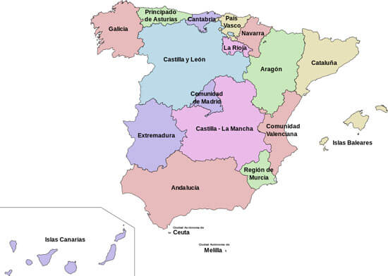 mapa de las Comunidades Autónomas de España para el apartado «La España de las autonomías»