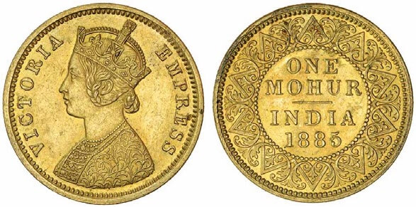 Mohur acuñado en 1883 con el busto de Victoria
