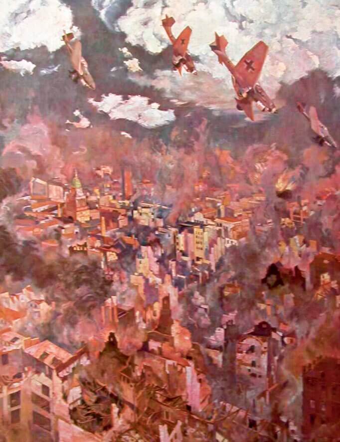 Pintura que muestra a cazas de la Luftwaffe bombardeando una ciudad inglesa