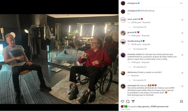 Sting y Charly García en el Movistar Arena, en febrero de este año. Foto: Instagram.