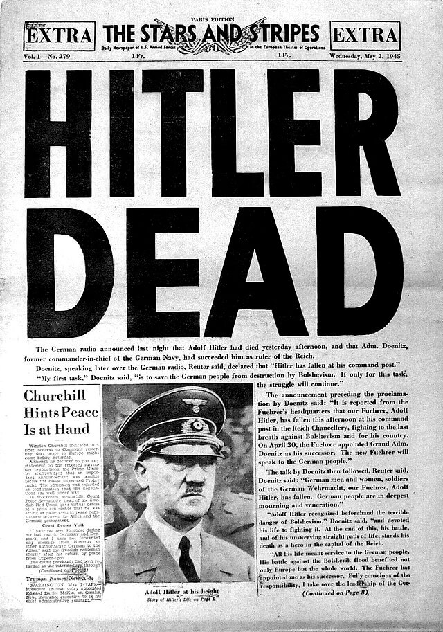 Portada del The Stars and Stripes en la que se anuncia la muerte de Hitler