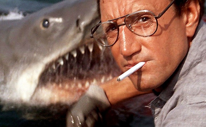 El jefe Brody (Roy Scheider) tirando carnada y la primera aparición del tiburón.