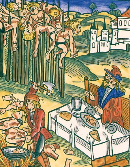 Vlad III junto a un bosque de empalados