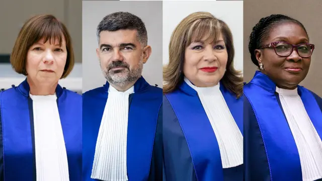 Cuatro de los jueces de la CPI sancionados por Estados Unidos. De izq. a der.: Kimberly Prost de Canadá, Nicolas Guillou de Francia, Luz del Carmen Ibáñez Carranza de Perú y Reine Alapini-Gansou de Benin. 