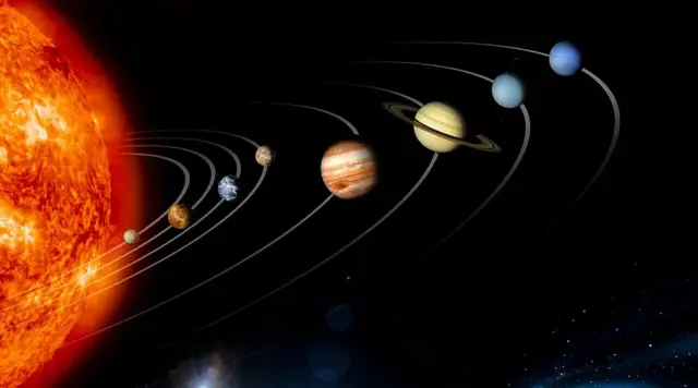Una ilustración del Sistema Solar, con el gran orbe del Sol seguido de ocho planetas en sus respectivas órbitas, contra un espacio oscuro salpicado de unas estrellas distantes