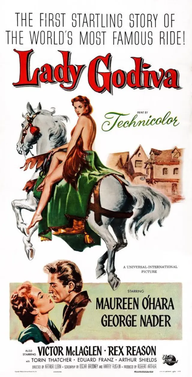 Póster de la película Lady Godiva de Coventry, arriba: ilustración de Maureen O'Hara a caballo; abajo a la izquierda: Maureen O'Hara y George Nader, 1955. 