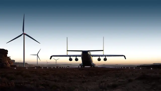 Imagen conceptual que muestra un WindRunner junto a una pista de aterrizaje y a molinos de viento.