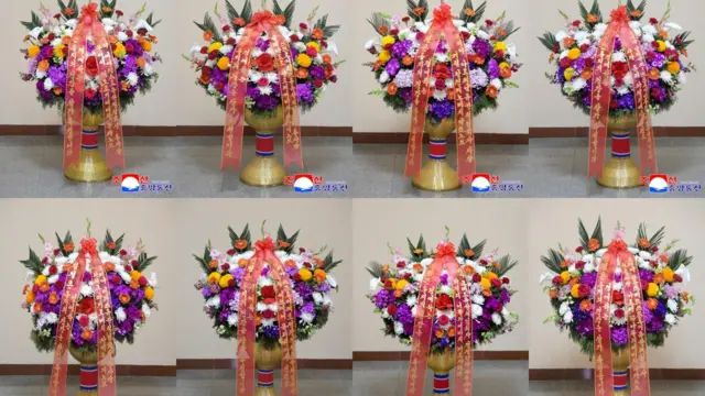 Una imagen compuesta de flores que fueron enviadas a Kim Jong-un por varias empresas constructoras rusas en abril, según los medios de comunicación estatales norcoreanos.