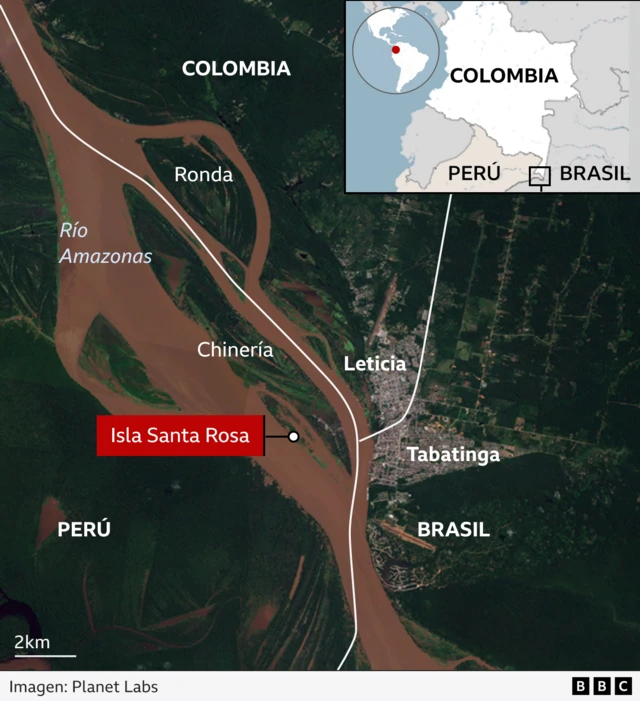 Mapa que muestra la triple frontera entre Colombia, Perú y Brasil y la ubicación de Santa Rosa.