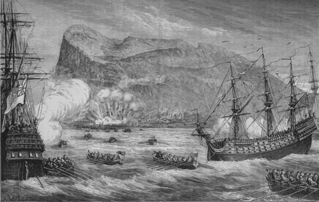 Grabado de la toma de Gibraltar.