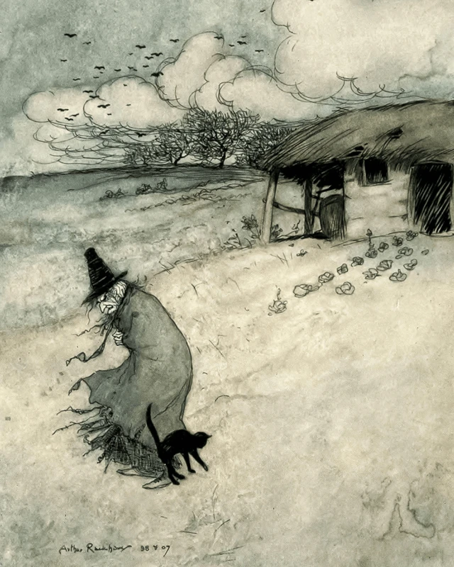 Ilustración de una bruja con una capa larga y un sombrero puntiagudo negro, con un pequeño gato negro a su lado y una casa en el fondo.