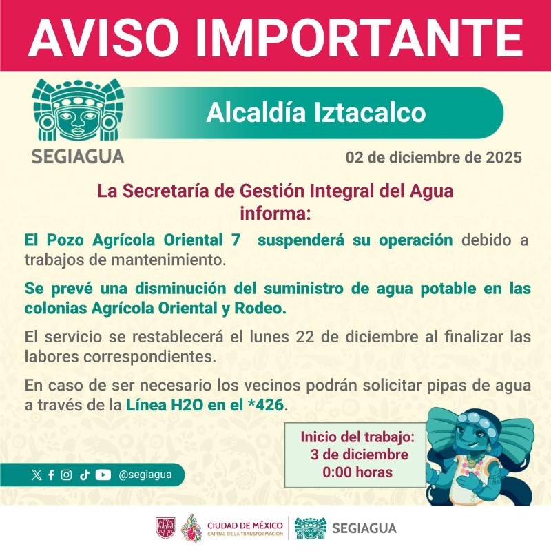 Se realizarán labores de mejora en infraestructura hídrica que provocarán variaciones en el suministro. X/@SEGIAGUA Se realizarán labores de mejora en infraestructura hídrica que provocarán variaciones en el suministro. X/@SEGIAGUA