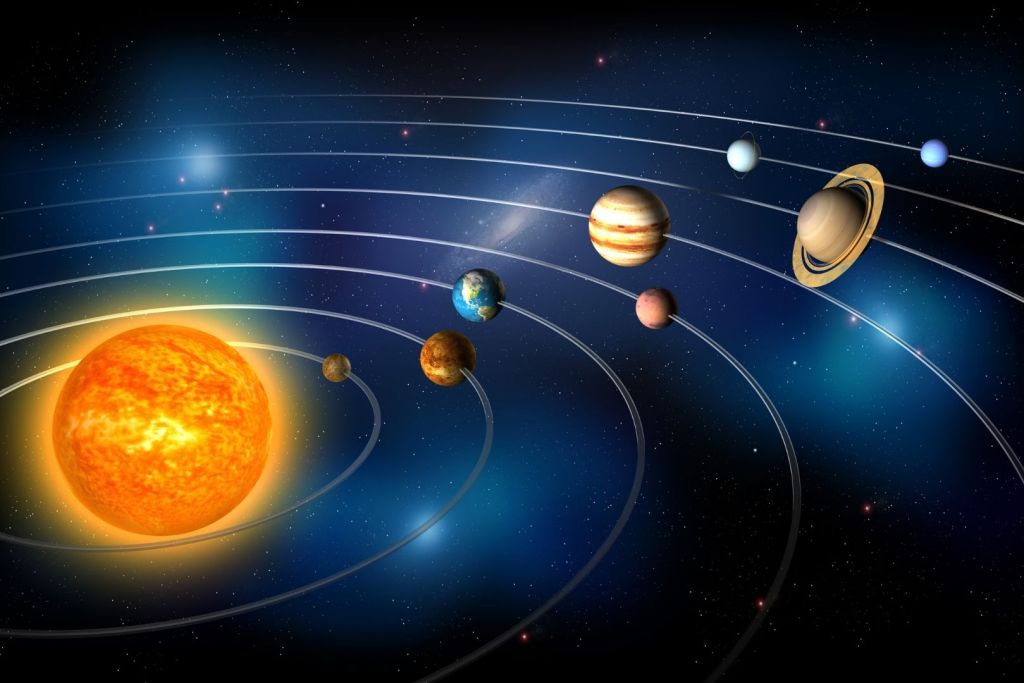 Una representación artística que muestra a los planetas del sistema solar alineados en el espacio