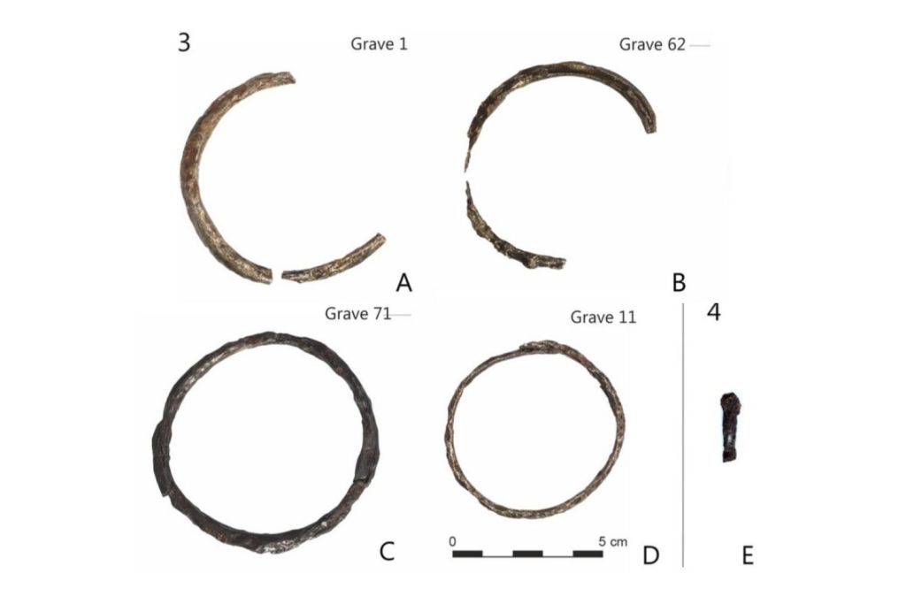 Brazaletes (A-B-C) y un anillo de tobillo (D) de Częstochowa-Raków fabricados con hierro meteórico (3). Fragmento de alfiler (E) procedente de Częstochowa-Mirów (4)