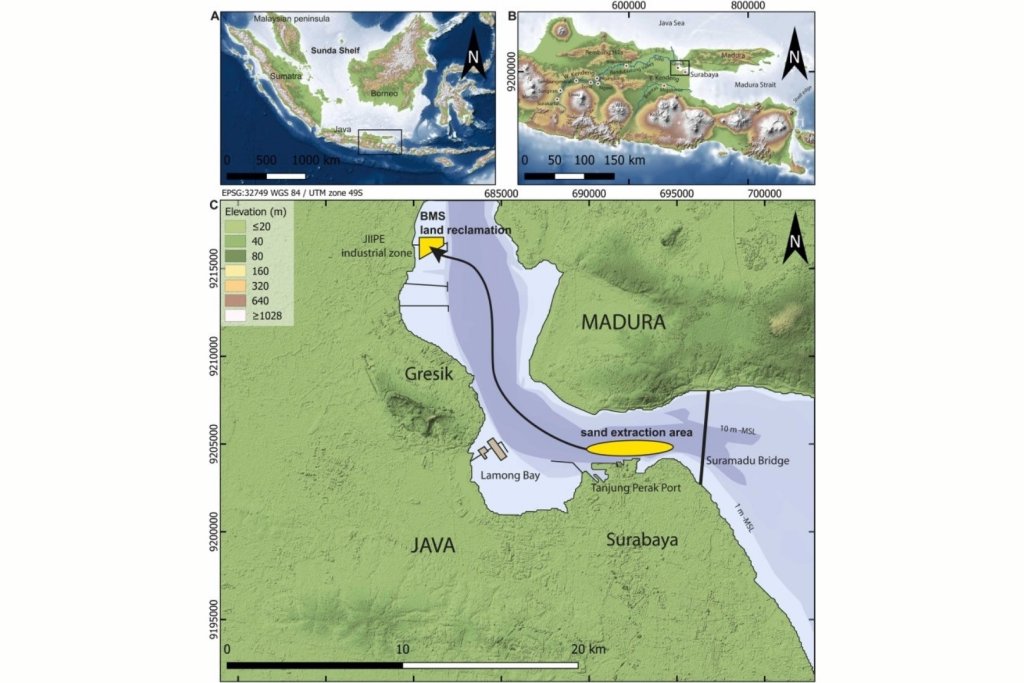 La plataforma de Sunda en el sudeste asiático y el archipiélago indonesio, con recuadros que muestran el este de Java, el estrecho de Madura, el río Solo, Surabaya y la zona de extracción de arena vinculada al proyecto de recuperación de tierras BMS