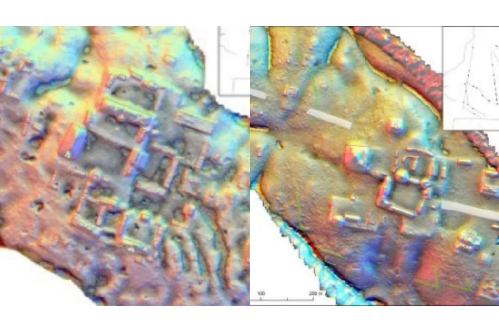 Dos visualizaciones LiDAR que revelan antiguos centros ceremoniales mayas, cada uno con una plaza central rodeada por zonas residenciales y áreas agrícolas