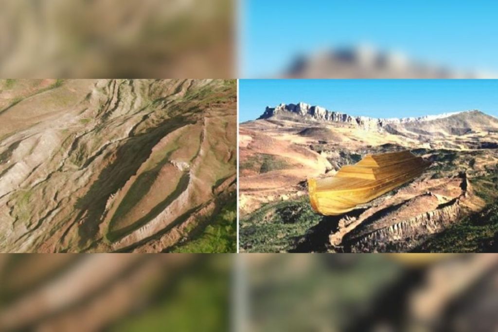 A la izquierda, la posible ubicación del Arca en el monte Ararat; a la derecha, una recreación gráfica de cómo habría lucido la embarcación