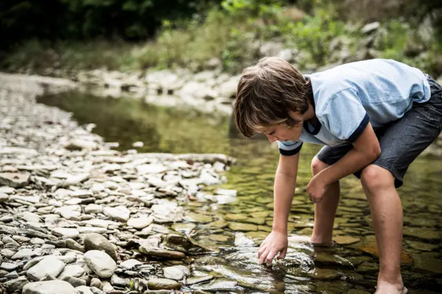 Un niño revisando debajo de las rocas de un río