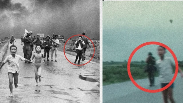 Nguyen Thanh Nghe aparece en la foto sosteniendo una cámara parecida a una Pentax a la izquierda; Nick Ut, con un casco, aparecería en el video a la derecha.