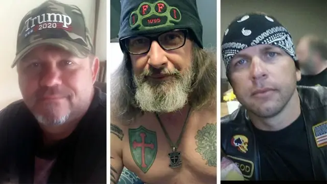 Imagen compuesta por tres fotografías: Bill Siebe, un hombre con barba corta y canas, que lleva una gorra de camuflaje con el lema 