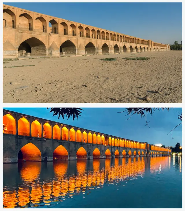 El río Zayandeh Rud seco y el puente Allahverdi Khan, también conocido como Si-o-se-pol (Puente de los 33), en Isfahán, Irán, el 22 de febrero de 2025 (arriba), junto con una vista desde el mismo ángulo por la noche el 5 de junio de 2023, con agua fluyendo a lo largo del río Zayandeh Rud en Isfahán