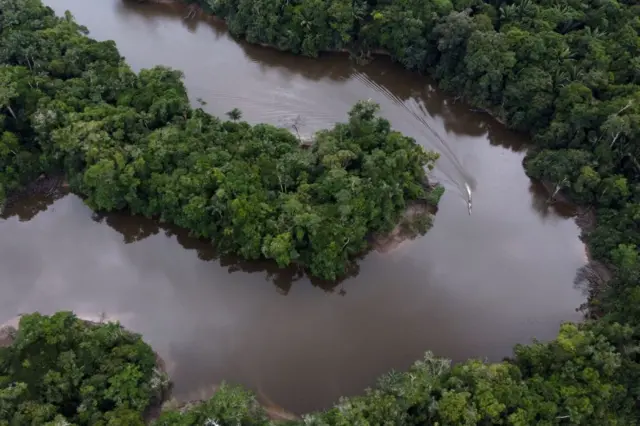 Vista aérea del río Aguarico en cuyas riberas se ve una densa vegetación