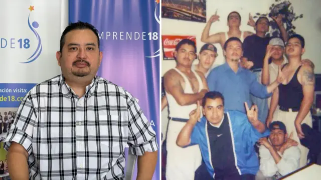 El pastor Erwin Cordón ahora y en el tiempo en el que perteneció a Barrio 18 en los años 2000 (primero desde la derecha).