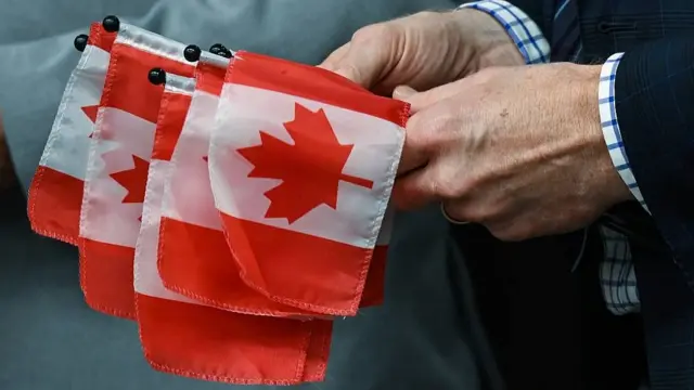 Manos de un hombre con pequeñas banderas canadienses