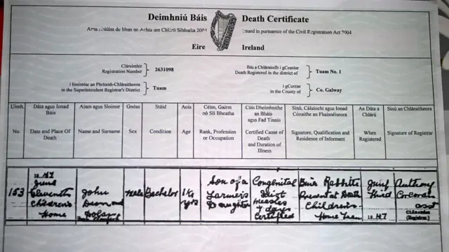 Primer plano de un certificado de defunción irlandés. Contiene una tabla de información que incluye nombre, fecha y lugar de fallecimiento, sexo, edad y otros detalles. La información está escrita en cursiva fluida y señala que el fallecido se llama John, tenía 16 meses y menciona