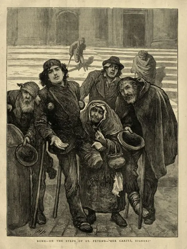 Ilustración de un grupo de mendigos en la era victoriana.