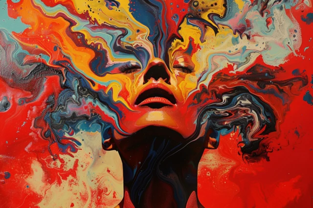 Una pintura abstracta de una mujer, del cuello para arriba, con la barbilla alzada y los ojos cerrados. El rojo es el color dominante y un efecto jaspeado se extiende por la parte superior de la pintura y distorsiona el rostro de la mujer.