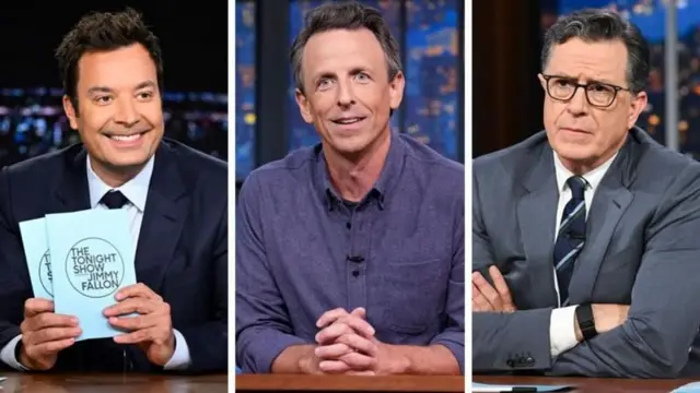 Composición fotográfica que muestra a los presentadores de TV Jimmy Fallon, Seth Meyers y Stephen Colbert