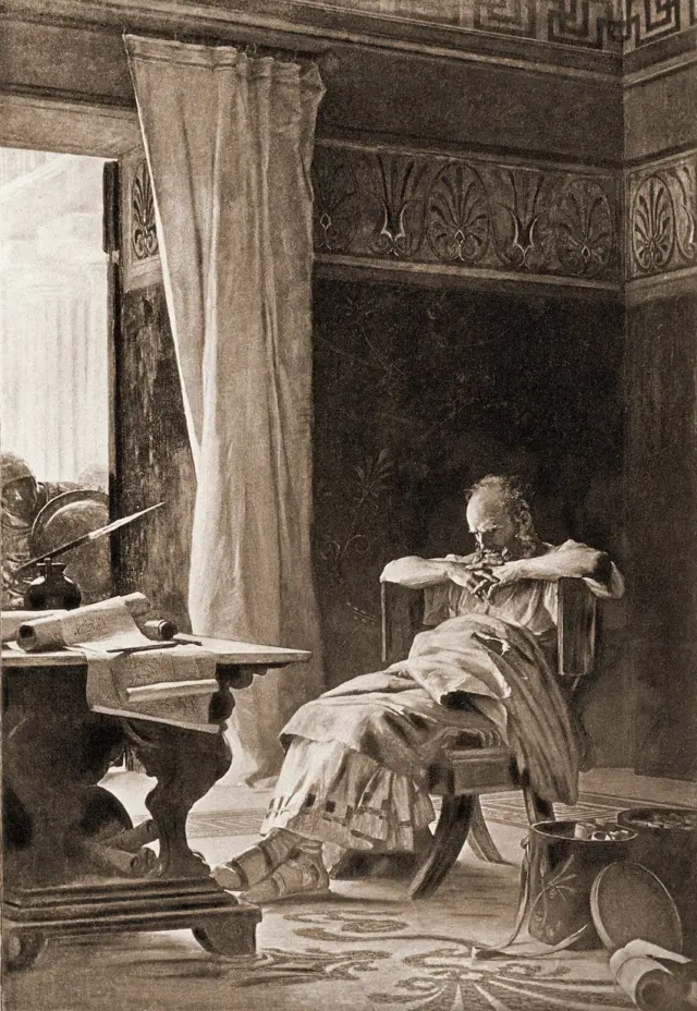 Grabado que representa la concepción artística del matemático e inventor griego Arquímedes (c. 287-212 a. C.), sentado en una silla pensando