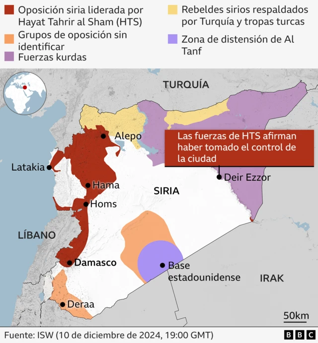 Mapa de Siria con las distintas zonas controladas por los rebeldes.