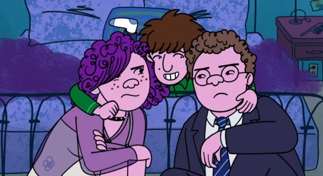 Dibujo que muestra a un hombre y una mujer con expresión enojada abrazados por lo que parece ser un niño. 