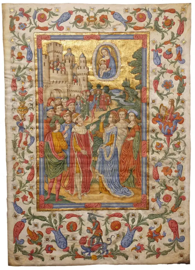 Una muy adornada imagen de personajes medievales y flores