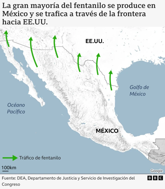 Mapa de la ruta del fentanilo a EEUU